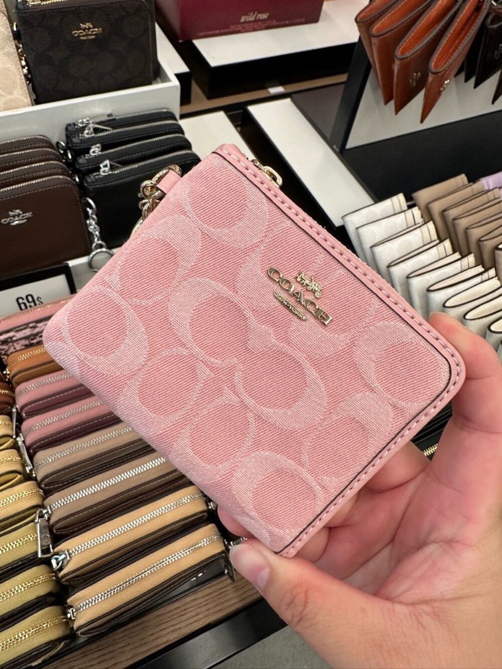 NWT! Coach CEU98 Small Corner Zip Wallet Denim With Charms Gold/Light Pink